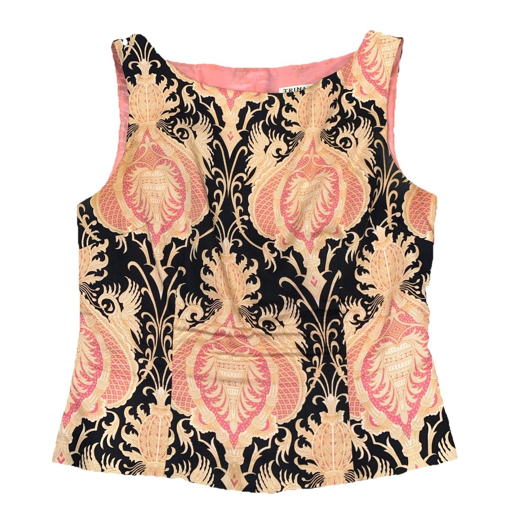 Trina Turk Vintage Baroque Print Crop Top 90s 00s Pink Black Gold Size 2